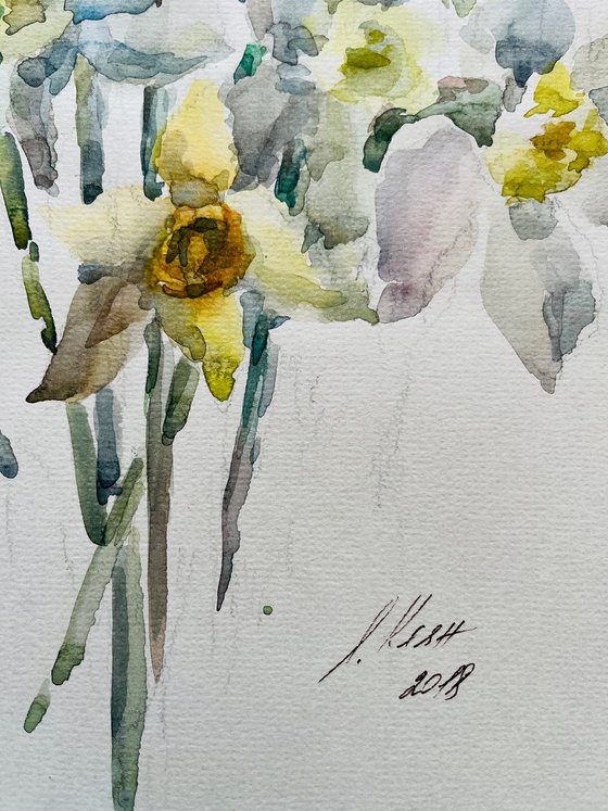 Bouquet of daffodils. Original watercolour painting on beige paper.