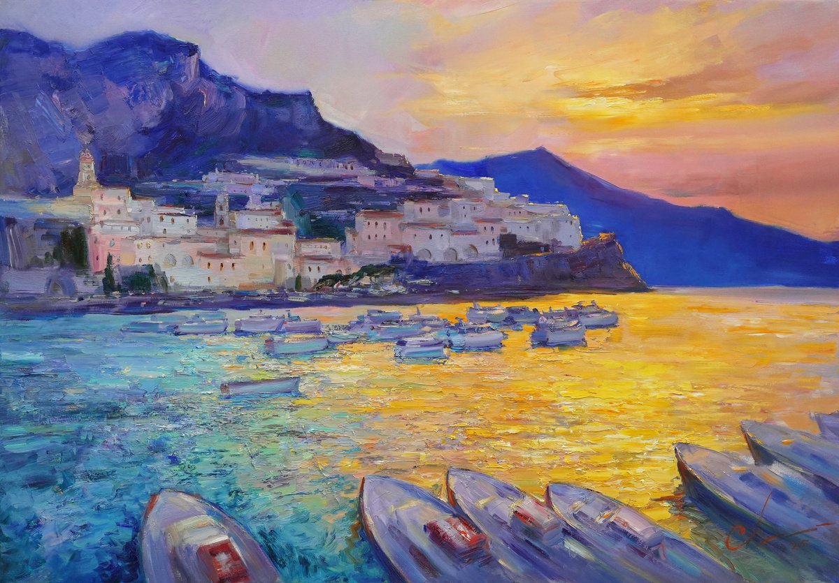 Impressionistic Landscape Oil Painting By Serhii Cherniakovskyi, 51 X 35", Amalfi Coast In The Evening, Original Artwork