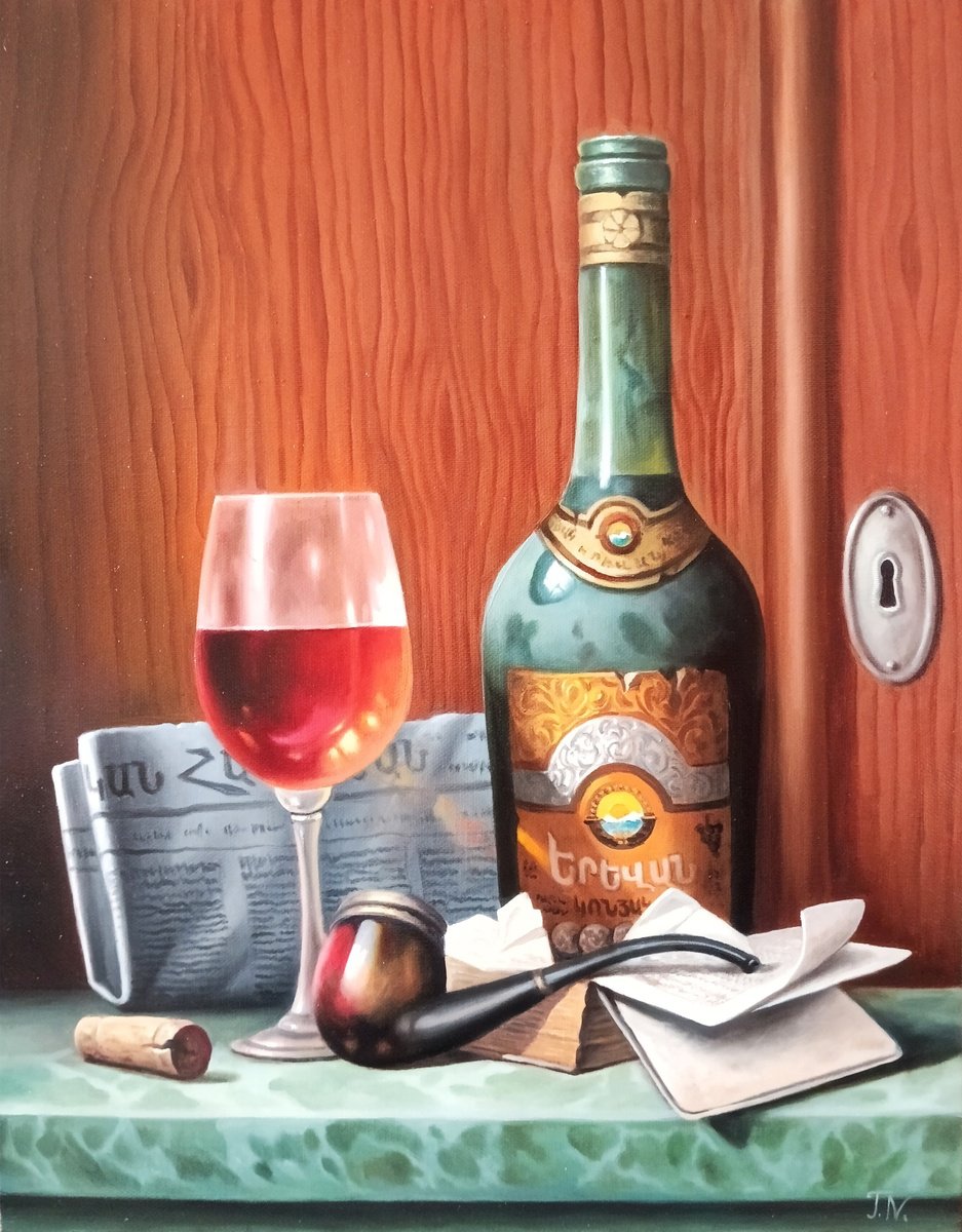 Photorealistic Still Life Oil Painting By Tamar Nazaryan, 16 X 20", Still Life With Armenian Cognac And Pipe, Original Artwork