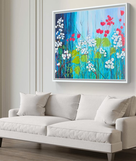 Red field poppies, blue red white abstraction
