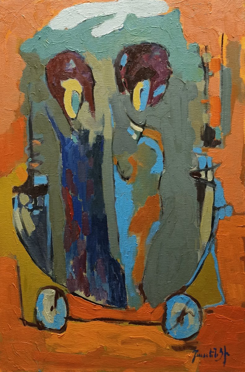 Abstract Portrait Oil Painting By Artyom Basenci, 16 X 24, Two Sisters (40X60Cm, Oil Painting, Ready To Hang), Original Artwork