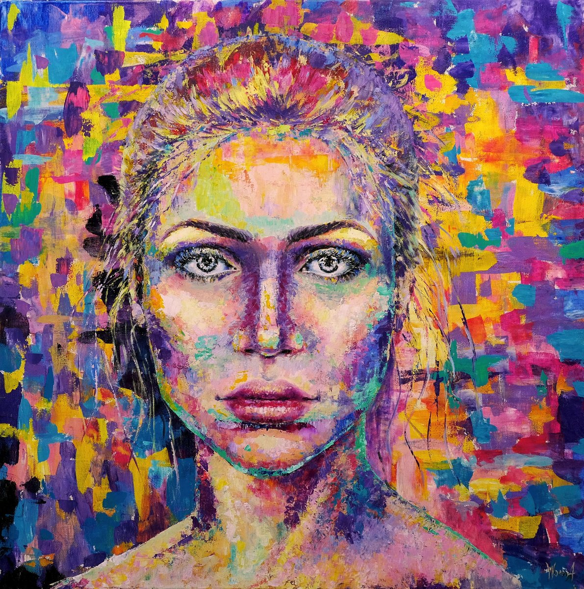 Expressive Portrait Acrylic Painting By Anastasia Woron, 32 X 32, Inner Light.young Girl, Original Artwork