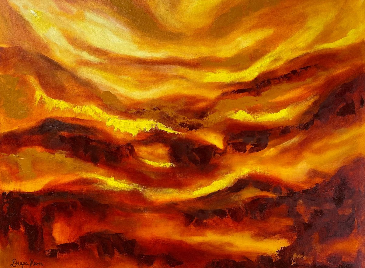 Surrealistic Landscape Oil Painting By Deepa Kern, 38 X 31, Golden Vistas, Original Artwork