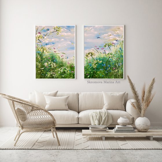 DREAMER'S CORNER - Set of 2 green meadow. Wind. Summer. Positive. Warm. Colorful diptych.