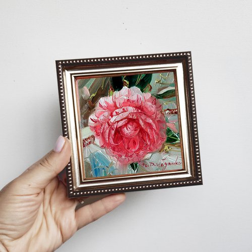 Camellia original oil painting framed, Small painting pink flowers, Unique camellia wall art, Floral art gift for women by Nataly Derevyanko