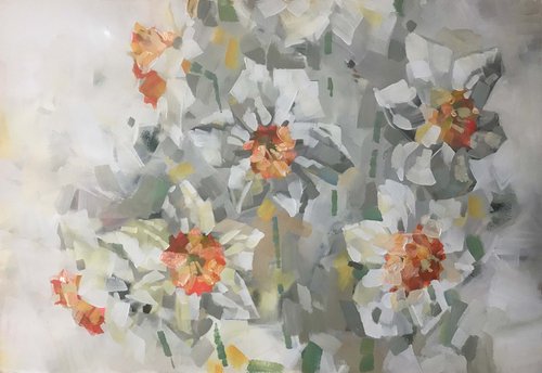 Spring daffodils. one of a kind, handmade artwork, original painting. by Galina Poloz