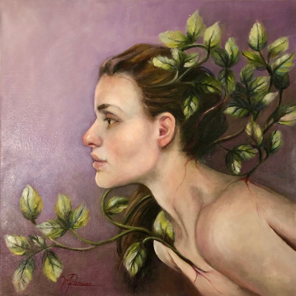 Expressive Portrait Oil Painting By Maria Romano, 16 X 16", Mother Nature, Original Artwork