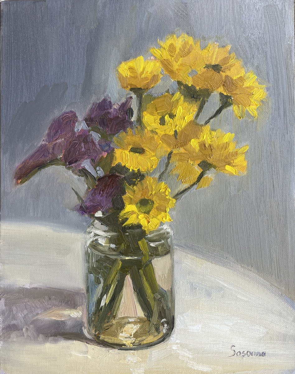 Impressionistic Botanical Oil Painting By Kate Sosonna, 11 X 14", Yellow And Violet, Original Artwork