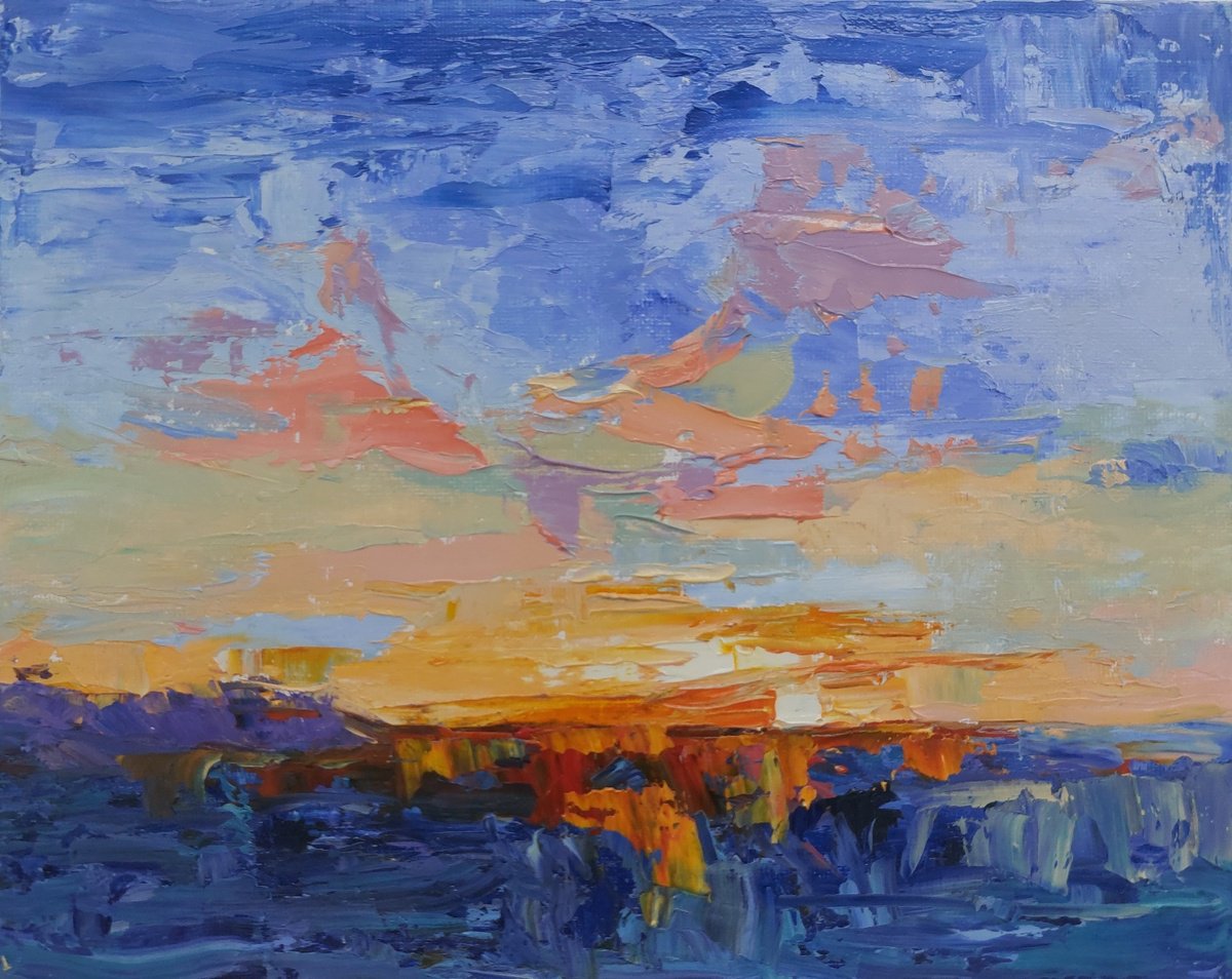 Expressive Landscape Oil Painting By Philippa Headley, 14 X 12", Sunset Rays, Original Artwork