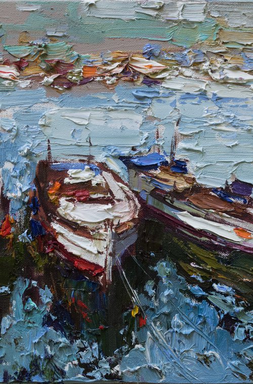 Boats in the bay - Original oil painting by Anastasiia Valiulina