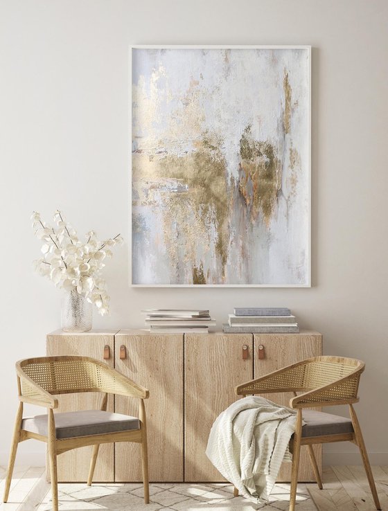 "Cascade 5" Abstract gold white acrylic art