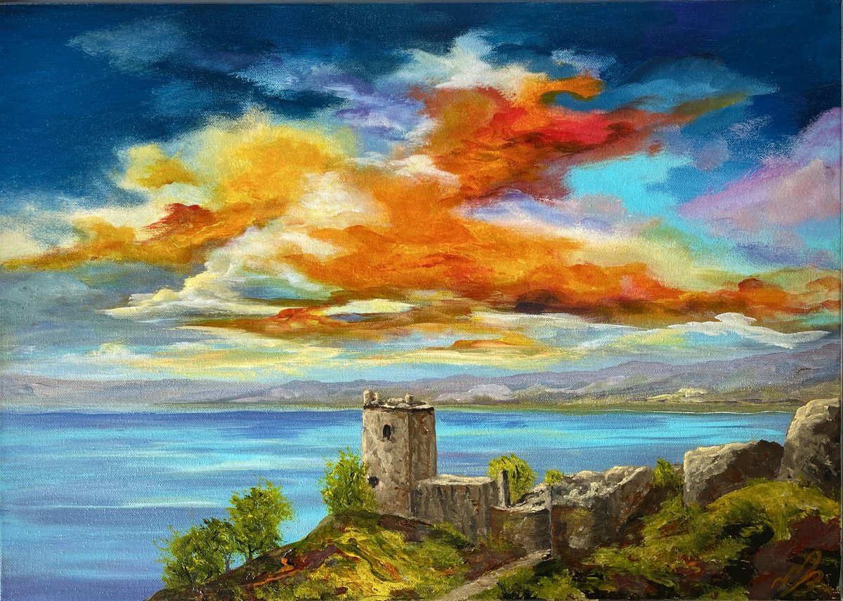 Impressionistic Landscape Acrylic Painting By Marja Brown, 25 X 18", Urquhart Castle At Sunset, Original Artwork