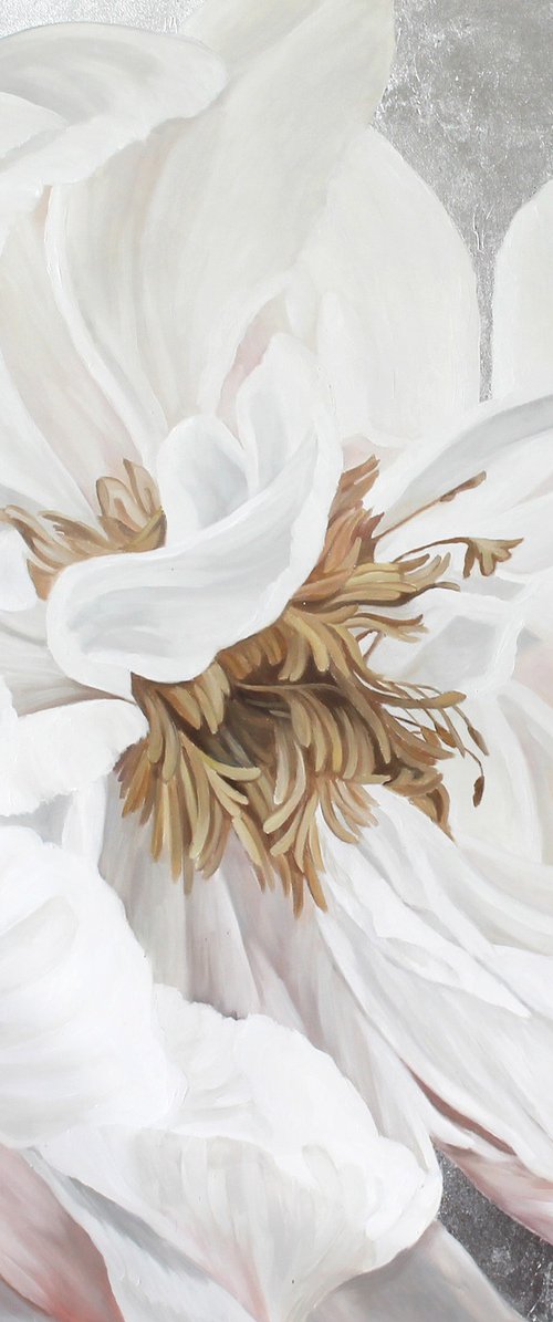 "Silver silk flowers 3" White peonies art by Olha Tsapenko