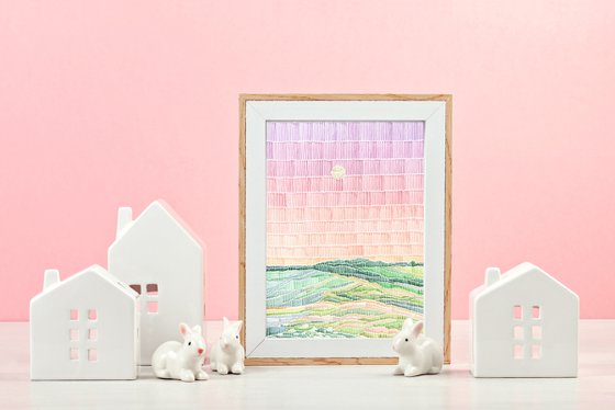 Original style watercolor abstract landscape with pink sky