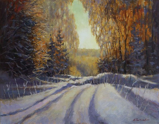 The Golden Sunrise - winter sunny landscape - original oil painting