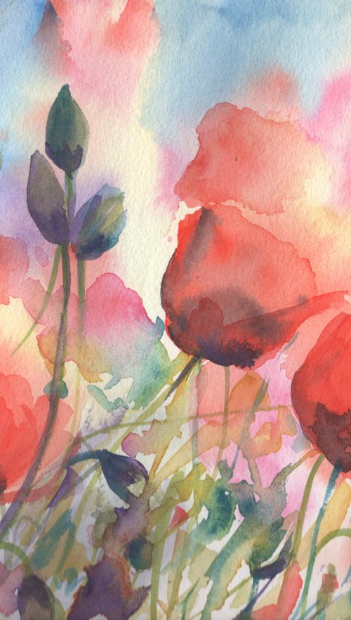 Watercolour Poppy Fields 2 by Sarah Stowe