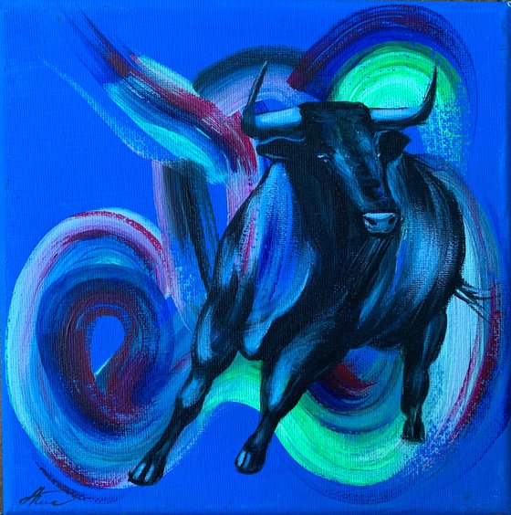 A bull on a blue background
