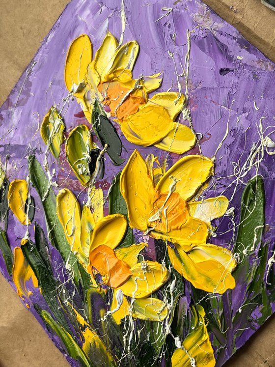 Daffodil Painting Floral Original Art Flower Oil Impasto Artwork Small Wall Art 6 by 6" by Halyna Kirichenko
