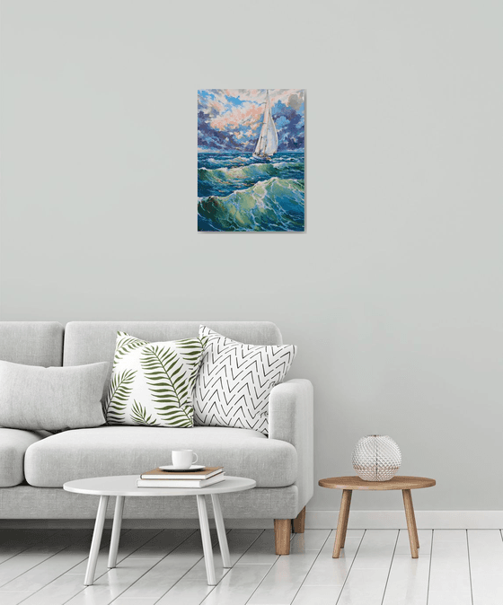 "Sailing into the sun #2", (18x24x1.5") Original, one of a kind, acrylic and golden leaf on gallery-wrapped canvas impressionistic style painting