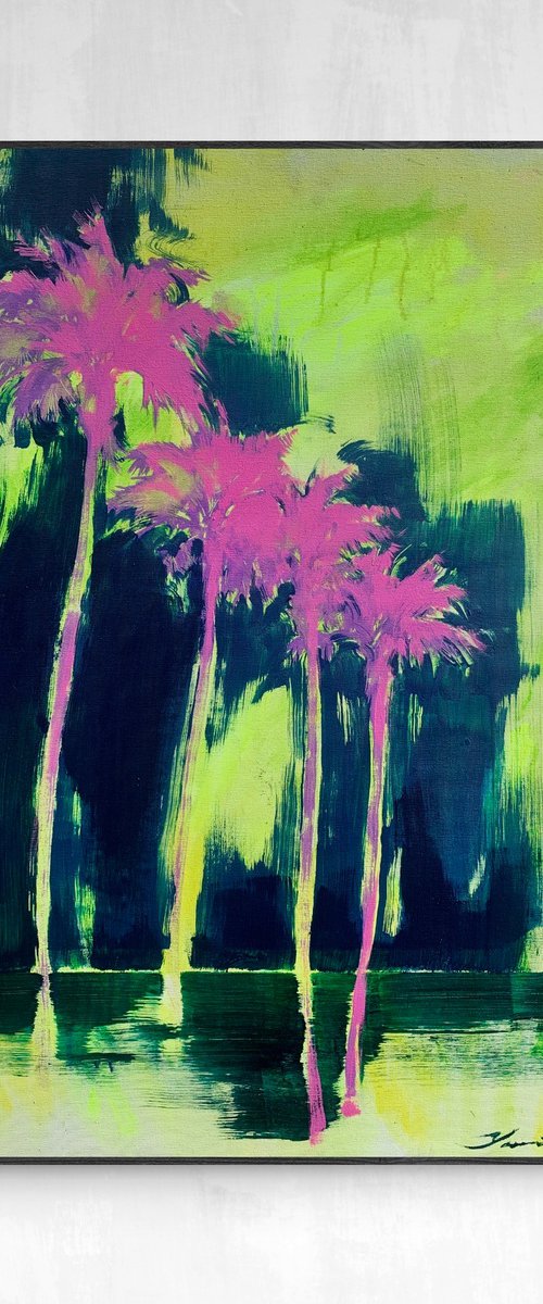 Yellow&Blue artwork - "Pink night" - Pop Art - Florida - California - Palms - Street Art - Expressionism - Sunset by Yaroslav Yasenev