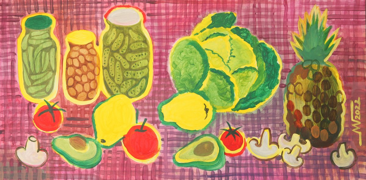 Still Life Acrylic Painting By Marina Gorkaeva, 31 X 16", In The Kitchen, Original Artwork