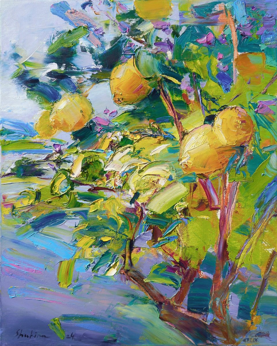 Expressive Botanical Oil Painting By Helen Shukina, 16 X 20, Lemon Tree On Grey Blue, Original Artwork
