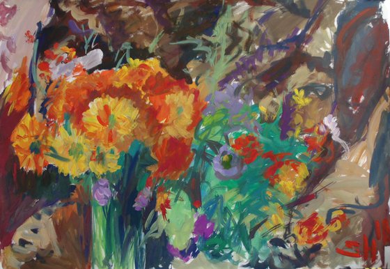 Red yellow bouquet. Gouache on paper, 61X43 cm.