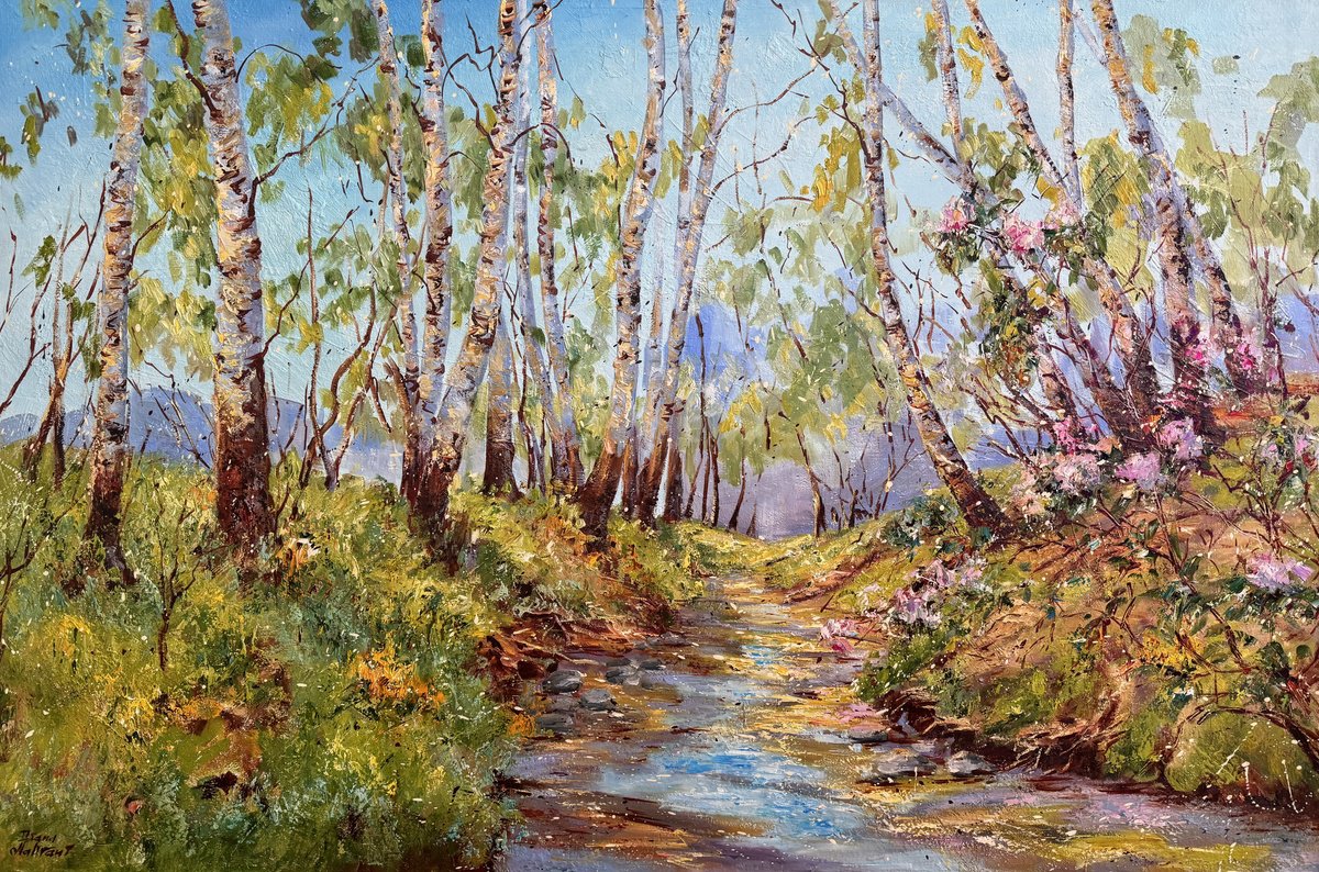 Impressionistic Landscape Oil Painting By Diana Malivani, 47 X 31, Stream In The Spring Forest, Original Artwork