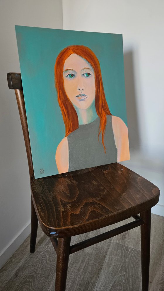 Red Hair Mona Lisa in a silver dress