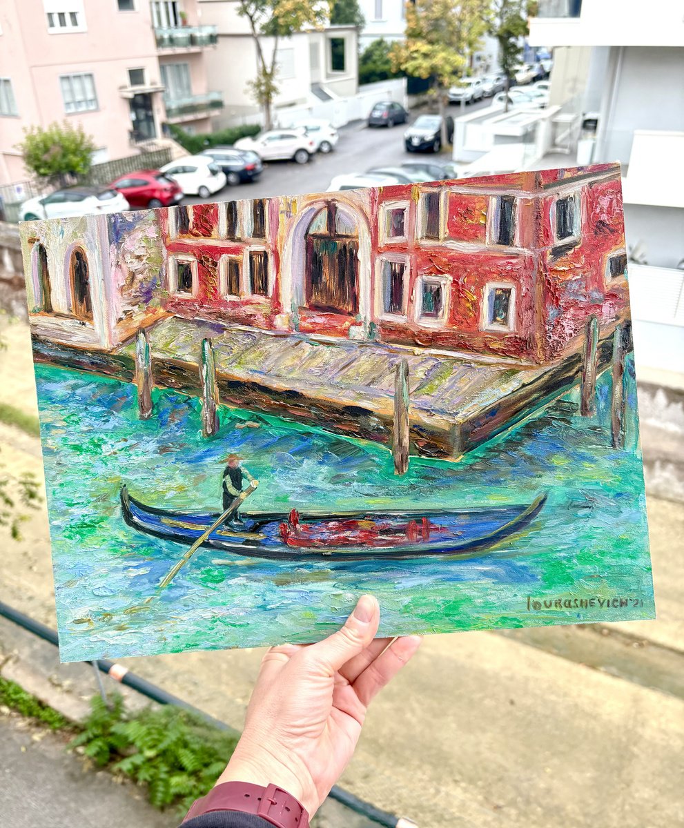 Impressionistic Landscape Oil Painting By Katia Ricci, 16 X 12", Gondolier, Original Artwork