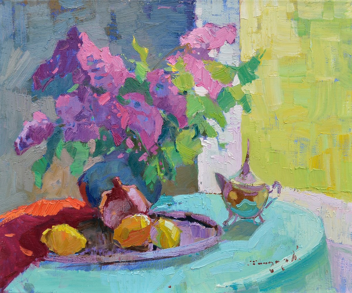 Impressionistic Botanical Oil Painting By Alexander Shandor, 24 X 20, Lilacs Bloom, Original Artwork