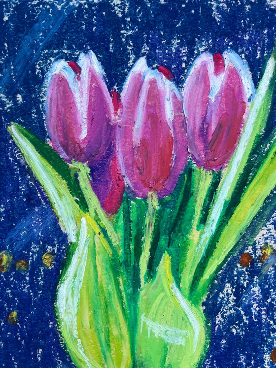 Tulips Original Painting, Oil Pastel Painting, Pink Flowers Drawing, Floral Wall Art, Gift for Her