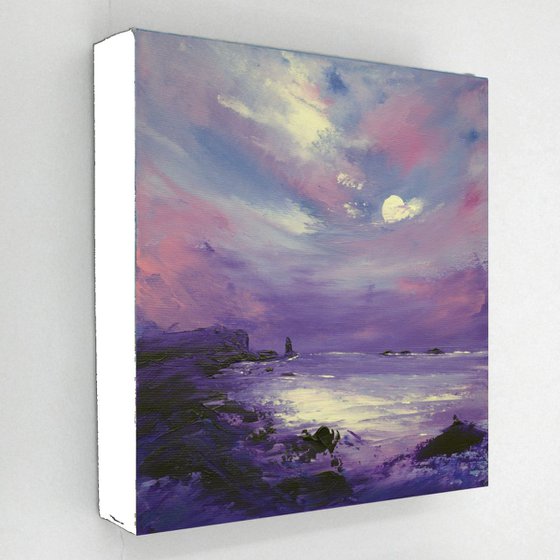 Purple Moonlit Seastack, seascape painting