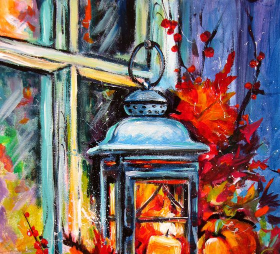 Autumn lantern by the window