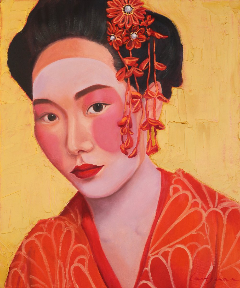 Geisha in kimono on the gold background portrait number 3 by Jane Lantsman