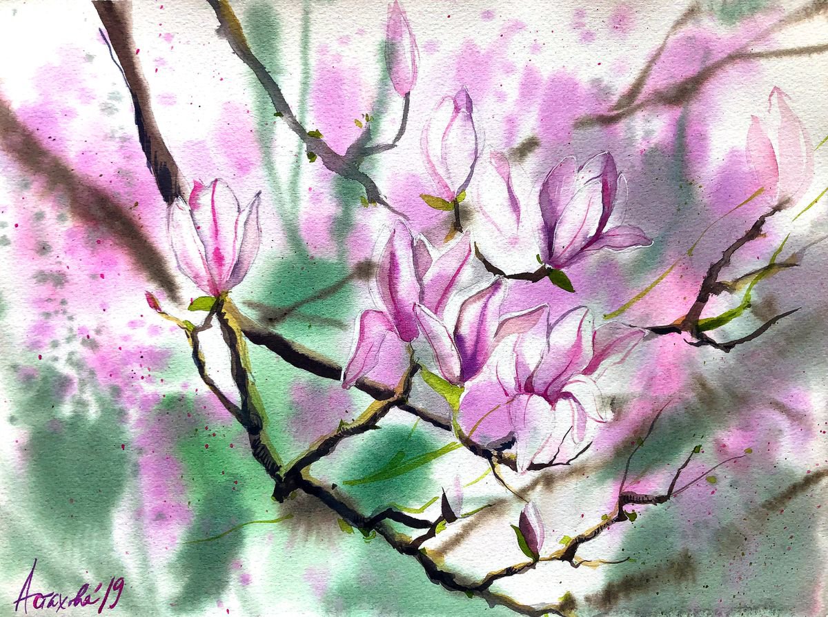 Impressionistic Botanical Watercolour By Ksenia Astakhova, 16 X 12", Magnolia From Ouchy, Original Artwork