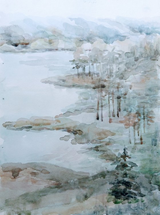 Sketch on the lake. Original watercolour painting.