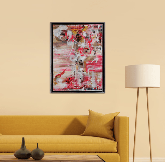 Framed red and white gestural action painting abstract still life pot with flowers O KLOSKA