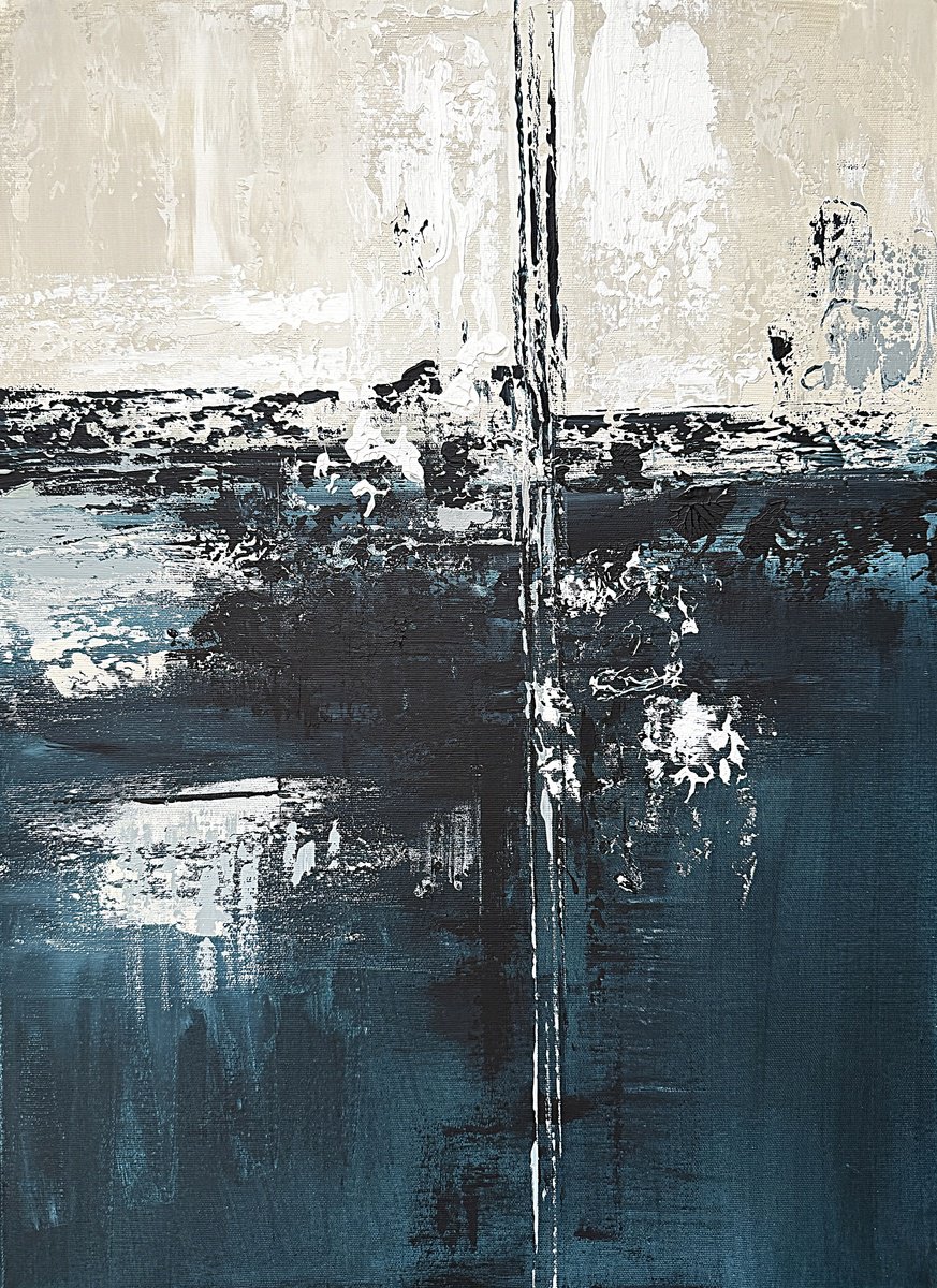 Geometric Landscape Acrylic Painting By Tatiana Malinovscaia, 20 X 28", Deep Lineage, Grey Blue Indigo, Original Artwork