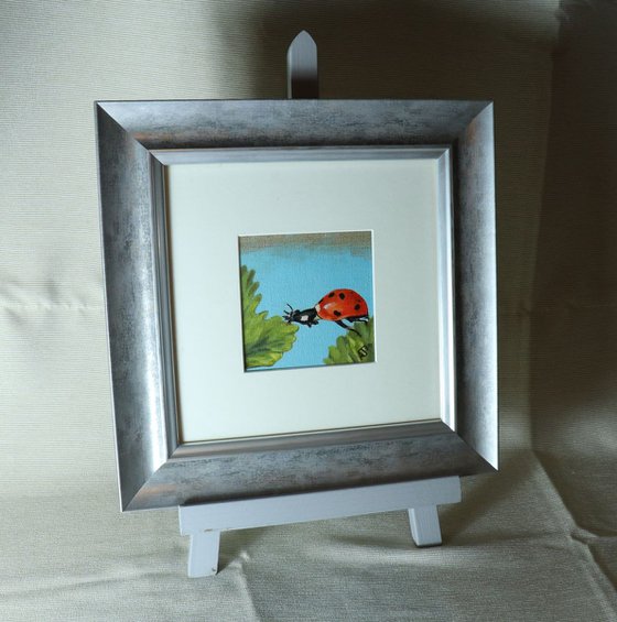 Ladybird Miniature 2, Between Two Leaves, Framed and Ready to Hang, Insect Painting