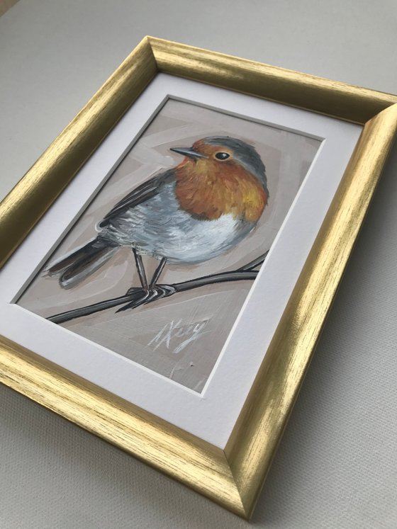 Robin bird Oil Painting golden framed 15x20cm