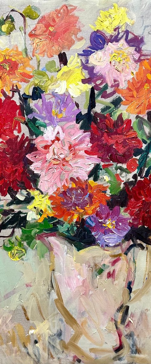 Colourful dahlias by Lilia Orlova-Holmes