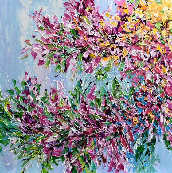 Cherry Blossom - Abstract Floral Painting on Canvas, Heavy Textured Palette Knife Art