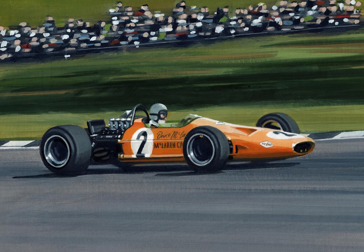 Illustrative Transport Painting By Martin Tomlinson, 19 X 15", Bruce Mclaren, M7A, 1968, Original Artwork