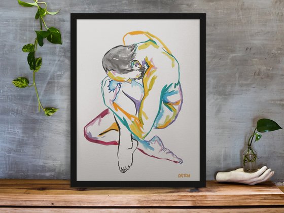 Male Nude Art Original Painting Drawing Charcoal Water Colour Nude