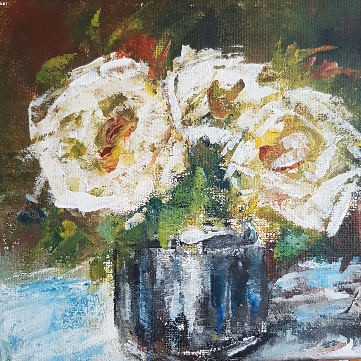 Impressionistic Botanical Acrylic Painting By Els Driesen, 8 X 8, Yellow Roses, Original Artwork