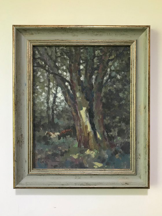 Original Oil Painting Wall Art Signed unframed Hand Made Jixiang Dong Canvas 25cm × 20cm Cityscape An Old Tree Small Impressionism Impasto