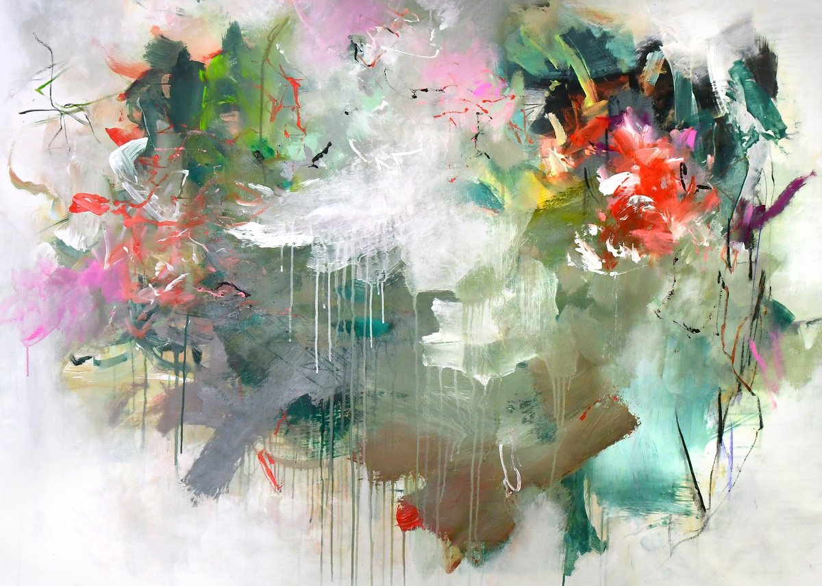 Impressionistic Abstract Acrylic Painting By Kirsten Handelmann, 63 X 46", Soft Rain, Original Artwork