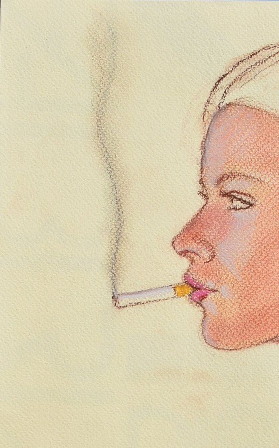 Bust study of a naked woman in profile smoking
