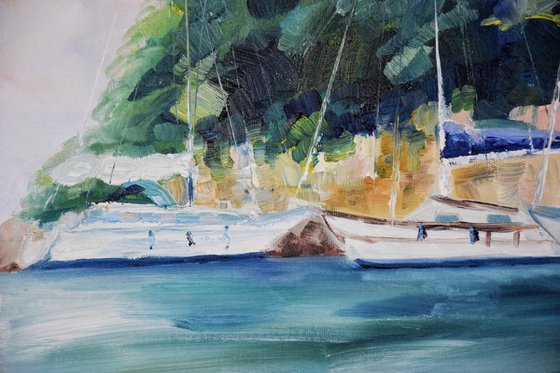 Ships oil painting, seascape original canvas art, Greece landscape artwork